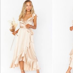 Show Me Your Mumu Samantha ruffle wrap dress champagne satin